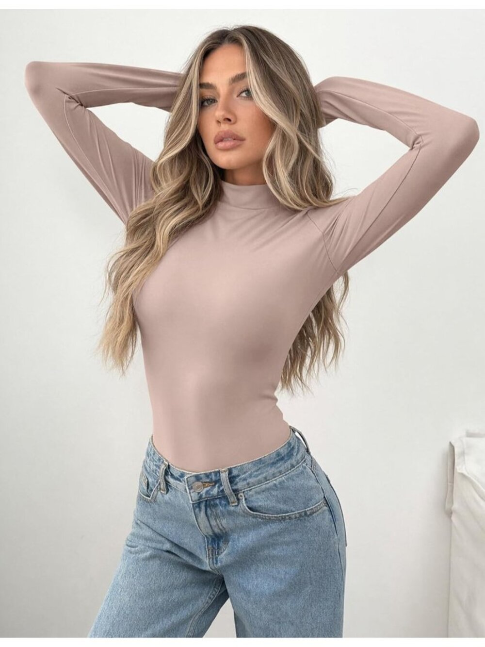 👚Women's Khaki Turtleneck Tops Long Sleeves Shirt Mock Neck Casual Slim-fit - Picture 2 of 6